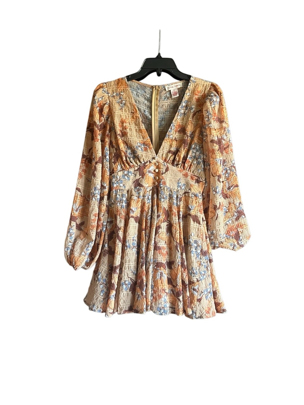 Flying Tomato Beige Floral V-Neck Puff Long Sleeve Mini Dress Zip Size Medium - Picture 5 of 12